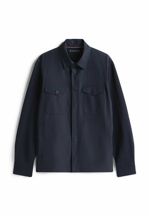 Navyblaues Langarmhemdjackett aus glattem Material, mit einer Knopfleiste, zwei Brusttaschen und einem klassischen Kragen.