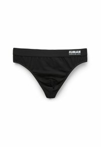 Schwarze Bikini-Schwimmbriefe für Männer mit glatter Textur, elastischem Bund und weißem Logodetail auf der linken Seite.