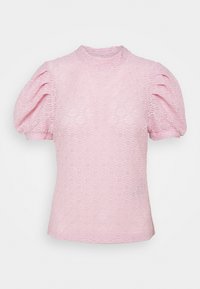 Rosa texturerad topp med hög krage, korta puffärmar och ett vågigt mönster, tillverkad av lättviktig tyg.
