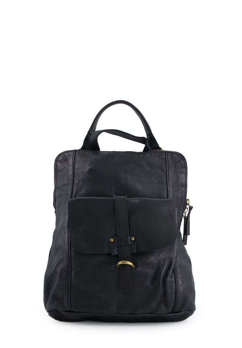 Black leather backpack with front pocket featuring a strap and brass buckle, top handles, and side zipper, shown against a white background.