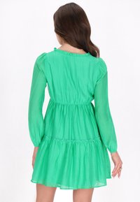 Rochie verde, cu mâneci lungi, cu talie plisată, guler cu volane și fustă în straturi. Fabricată dintr-un material ușor, texturat.
