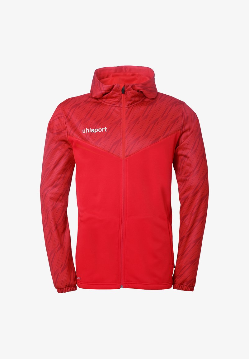Rød atletisk jakke med hætte, der har et struktureret mønster, frontlynlås og logo på venstre brystområde. Lige skåret ærmer.