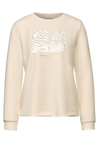 Krémová mikina s dlouhými rukávy, s grafickým vzorem čtvercového zebřího motivu v bílé a stříbrné barvě, měkká textura a kulatý výstřih.