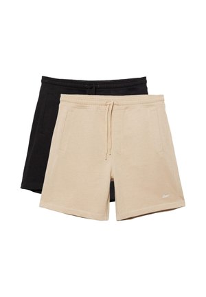 Deux paires de shorts décontractés, un beige avec cordon de serrage et poches à l'avant, et un noir superposé derrière.