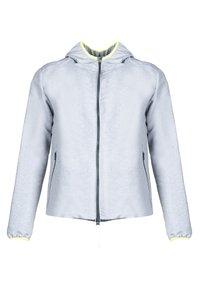 Lys grå jakke med hætte, der har en forende lynlås, elastiske manchetter og lysegule detaljer på kraven og manchetterne.