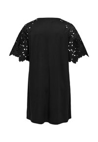 Black short dress with scalloped lace sleeves featuring floral cutout patterns, shown from the back.