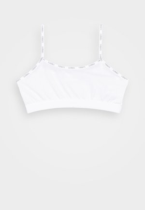 Bralette branco em algodão com alças finas. Apresenta o logótipo impresso ao longo da borda superior e uma textura suave e macia. Design simples e sem costuras.