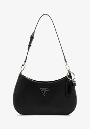 Black structured shoulder bag with a textured finish, silver hardware, and a triangular logo. Features detachable straps and keychain accents.