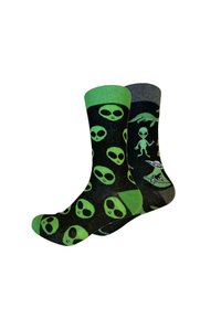 Calze nere e grigie con volti e design di alieni verdi; polsini a costine, punta, tallone e motivi in contrasto. Una calza presenta un UFO.