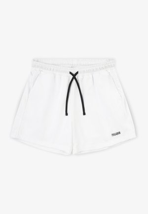 Bañador blanco con cintura elástica, cordón negro y bolsillos laterales. Presenta un pequeño logotipo "PEGADOR" en el dobladillo inferior.