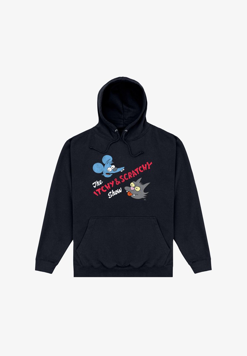 Felpa nera con cappuccio che presenta i personaggi dei cartoni Itchy e Scratchy con il testo "The ITCHY & SCRATCHY Show" in rosso e bianco. Tasca frontale a marsupio.