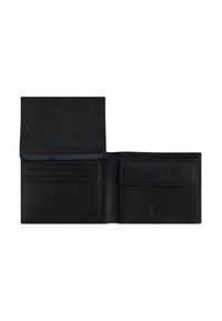 Schwarze Lederbrieftasche mit mehreren Kartenfächern, einem Münzfach und einer glatten Textur. Mit geprägtem Logo auf der Vorderseite.
