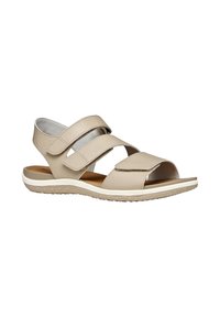 Sandale beige à bout ouvert avec trois brides Velcro réglables et une semelle rembourrée pour le confort et le maintien.