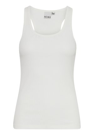 Witte geribbelde tanktop met een ronde halslijn en brede schouderbanden. Zachte stof met een aansluitende pasvorm, etiket zichtbaar aan de binnenkant bij de kraag.