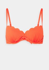 Top de bikini laranja texturizado com bordas em formato ondulado, alças ajustáveis e um detalhe de nó na parte da frente. Feito em tecido elástico para maior conforto.