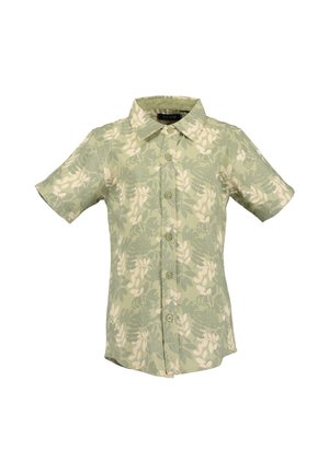 Camicia verde a maniche corte con stampa botanica, dotata di colletto e chiusura frontale con bottoni. Realizzata in tessuto leggero.