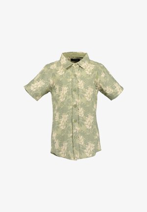 Grünes kurzärmeliges Hemd mit botanischem Muster, mit Kragen und durchgehender Knopfleiste. Hergestellt aus leichtem Stoff.