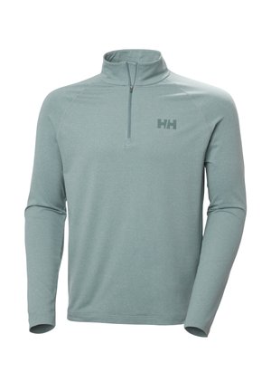 Hellgrüner Langarm-Pullover mit hohem Kragen und halbem Reißverschluss, mit kleinem "HH"-Logo auf der linken Brust.