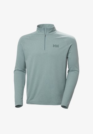 Hellgrüner Langarm-Pullover mit hohem Kragen und halbem Reißverschluss, mit kleinem "HH"-Logo auf der linken Brust.