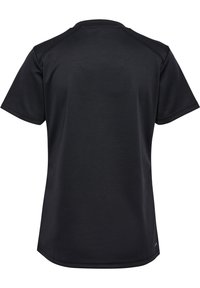 Czarna sportowa koszulka z krótkim rękawem, okrągłym dekoltem i gładką, lekką teksturą. Charakteryzuje się czystym, minimalistycznym wzornictwem.
