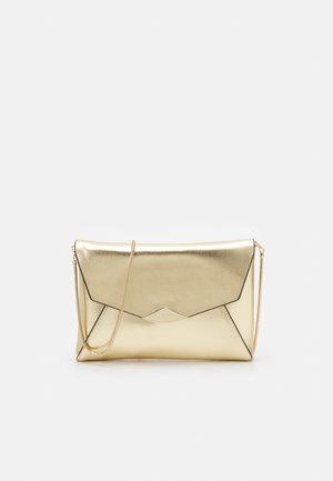 Gold metallic clutch bag with an envelope design, featuring a smooth surface, a triangular flap, and a chain strap.