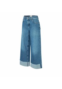 Helle blaue Weitbeine-Jeans aus Denim mit hoher Taille, umgeschlagenen Säumen und vorderen Taschen. Sauberes Design mit minimalen Nähten.