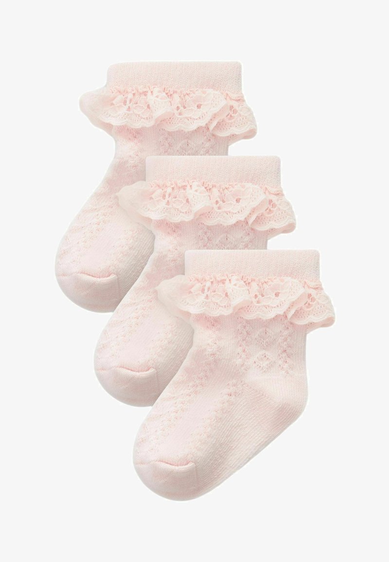 Drei Paar hellrosa Socken mit Spitzenrüschchen am oberen Rand, die ein strukturiertes Muster am Schaft und einen einfarbigen Zehenbereich aufweisen.