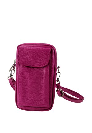 Fuchsia leather crossbody bag with a textured finish, zip closure, and detachable strap. Features a front flap pocket and silver hardware.