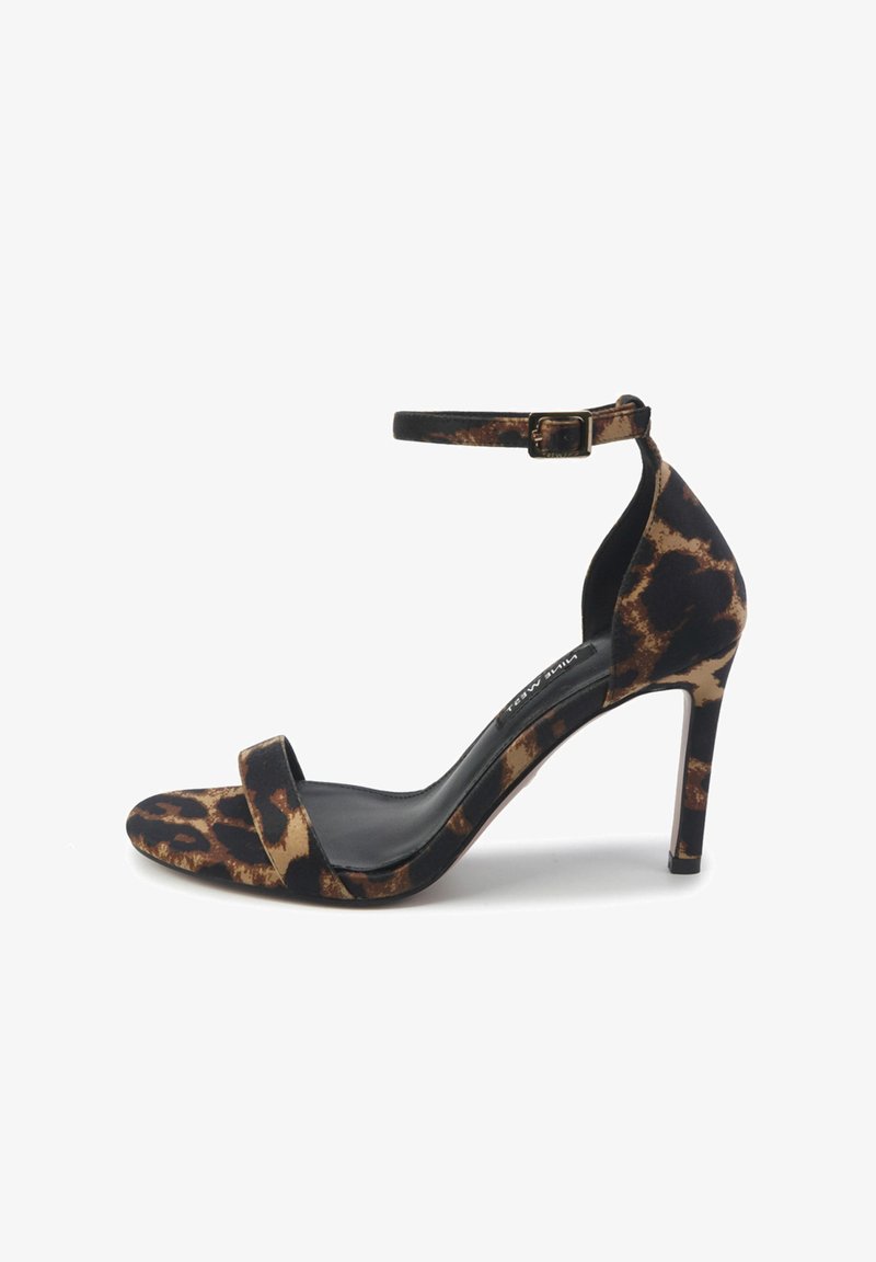 Black and brown leopard print high-heeled sandal with an ankle strap, open toe, and a textured fabric upper on a sleek stiletto heel.