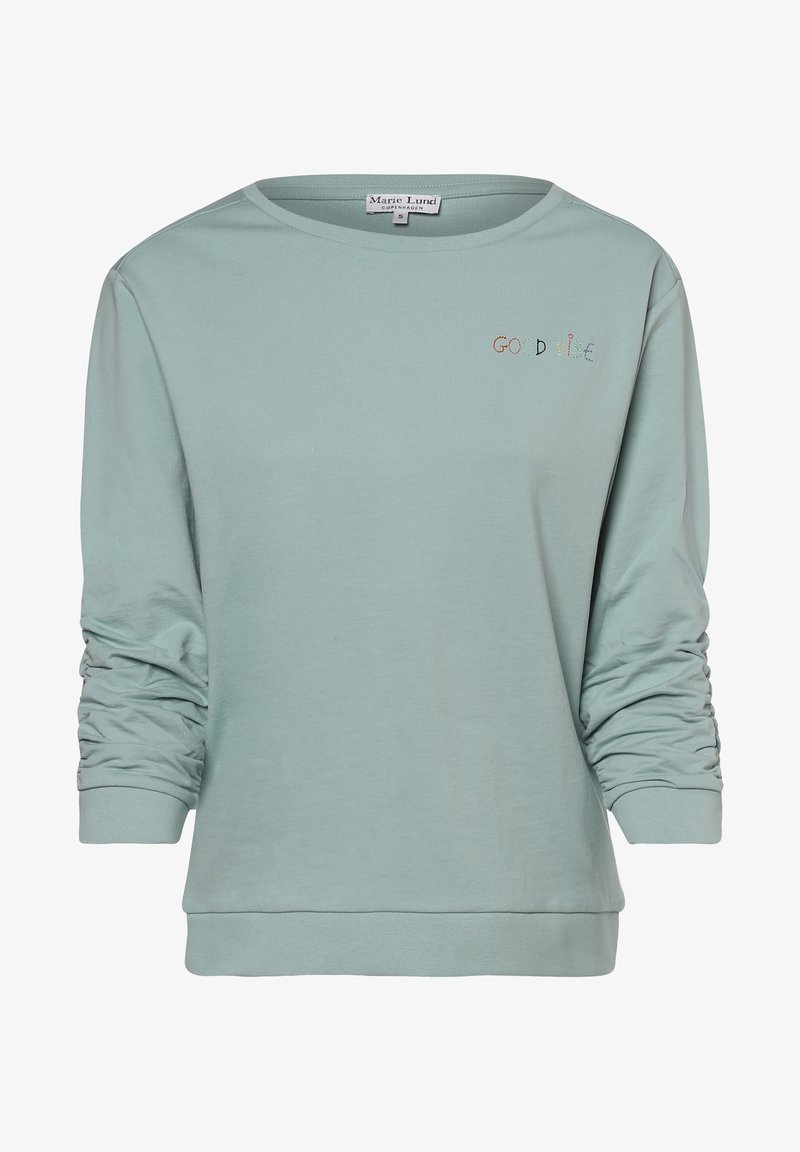 Kardigan z długim rękawem w jasnym zielonym kolorze, z okrągłym dekoltem i marszczonymi rękawami. Posiada haftowany napis "DOBRE WIBRACJE" w kolorowej stylistyce.