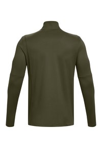 Olivgrünes Langarmoberteil mit hohem Kragen, glatter Textur und Nahtdetails, das ein figurbetontes Design ohne sichtbare Verschlüsse zeigt.