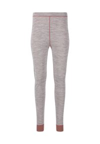 Grijze, taps toelopende legging gemaakt van een gestructureerde stof met een lichte heatherpatroon, met contrasterende roodbruine boorden en tailleband.