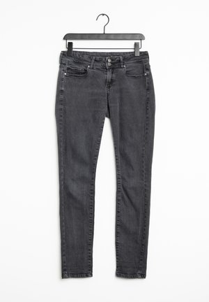Černé džíny z denimu s slim fit, pěti kapsami, poutky na pásek a zapínáním na zip a knoflík. Tkanina má hladkou texturu a mírnou pružnost.