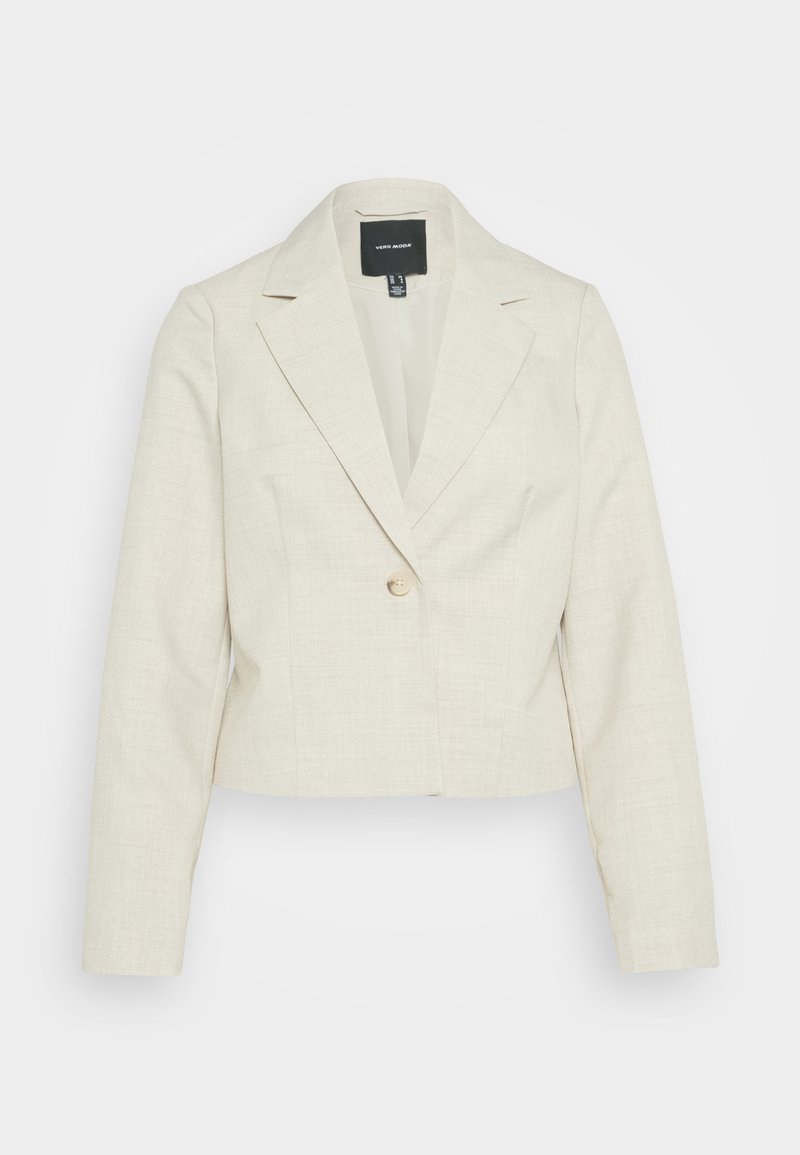 Blazer recortado en tejido beige claro, con un patrón texturizado, solapas con muesca, cierre de un solo botón y mangas largas.