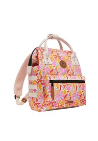 Colorful backpack featuring a floral pattern in pink and orange, with light pink straps, a front zip pocket, and a textured fabric.