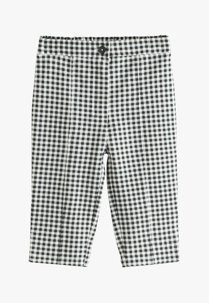 Schwarz-weiß karierte Hose mit Knopfverschluss und vorderen Nähten, flach auf weißem Hintergrund dargestellt.