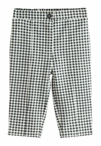 Schwarz-weiße Gingham-Hosen mit lockerer Passform. Sie verfügen über einen elastischen Bund und einen einfachen Knopfverschluss.