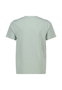 Light green cotton t-shirt with a classic crew neck and short sleeves, featuring a smooth, matte texture and no visible graphics or patterns.