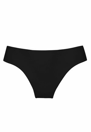 Schwarze Bikiniunterhose aus einem glatten, dehnbaren Material. Sie hat einen niedrig geschnittenen Schnitt mit minimaler Abdeckung und keinen sichtbaren Beschlägen oder Mustern.