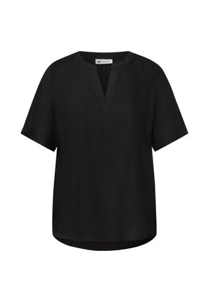 Czarna bluzka z krótkim rękawem, dekoltem w serek i kołnierzykiem typu stójka, z lekko zaokrąglonym dołem i luźnym krojem.