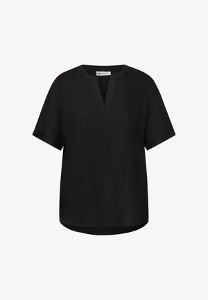Schwarze Bluse mit kurzen Ärmeln, V-Ausschnitt und Stehkragen, mit leicht abgerundetem Saum und lockerem Sitz.
