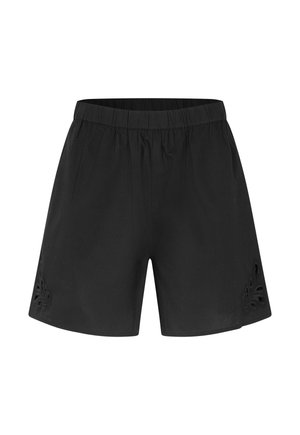 Pantaloncini neri in cotone con vita elastica, caratterizzati da intagli floreali ricamati sui lati inferiori. Tessuto liscio e vestibilità morbida.