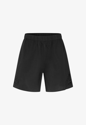 Pantaloncini neri in cotone con vita elastica, caratterizzati da intagli floreali ricamati sui lati inferiori. Tessuto liscio e vestibilità morbida.