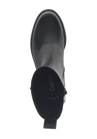 Bottine en cuir noir avec une finition lisse, bout rond, fermeture éclair sur le côté et une boucle pour un enfilage facile, intérieur étiqueté "Gabor."