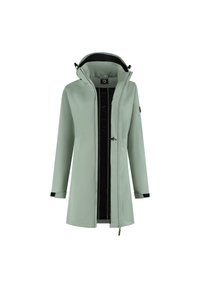 Veste imperméable vert clair avec un col montant, fermeture éclair à l'avant et manches ajustables. Présente une doublure intérieure noire et un détail de logo.