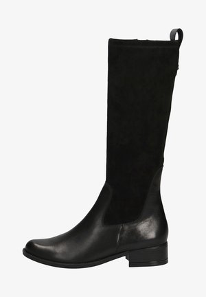 Bottes noires montantes à la cheville avec une tige en daim et des accents en cuir, un bout légèrement pointu et un petit talon carré pour plus de stabilité.