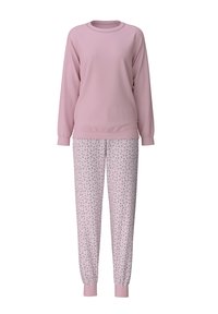 Maglietta a maniche lunghe rosa con polsini a costine abbinata a pantaloni a fantasia con piccoli disegni floreali, vita elastica e polsini.