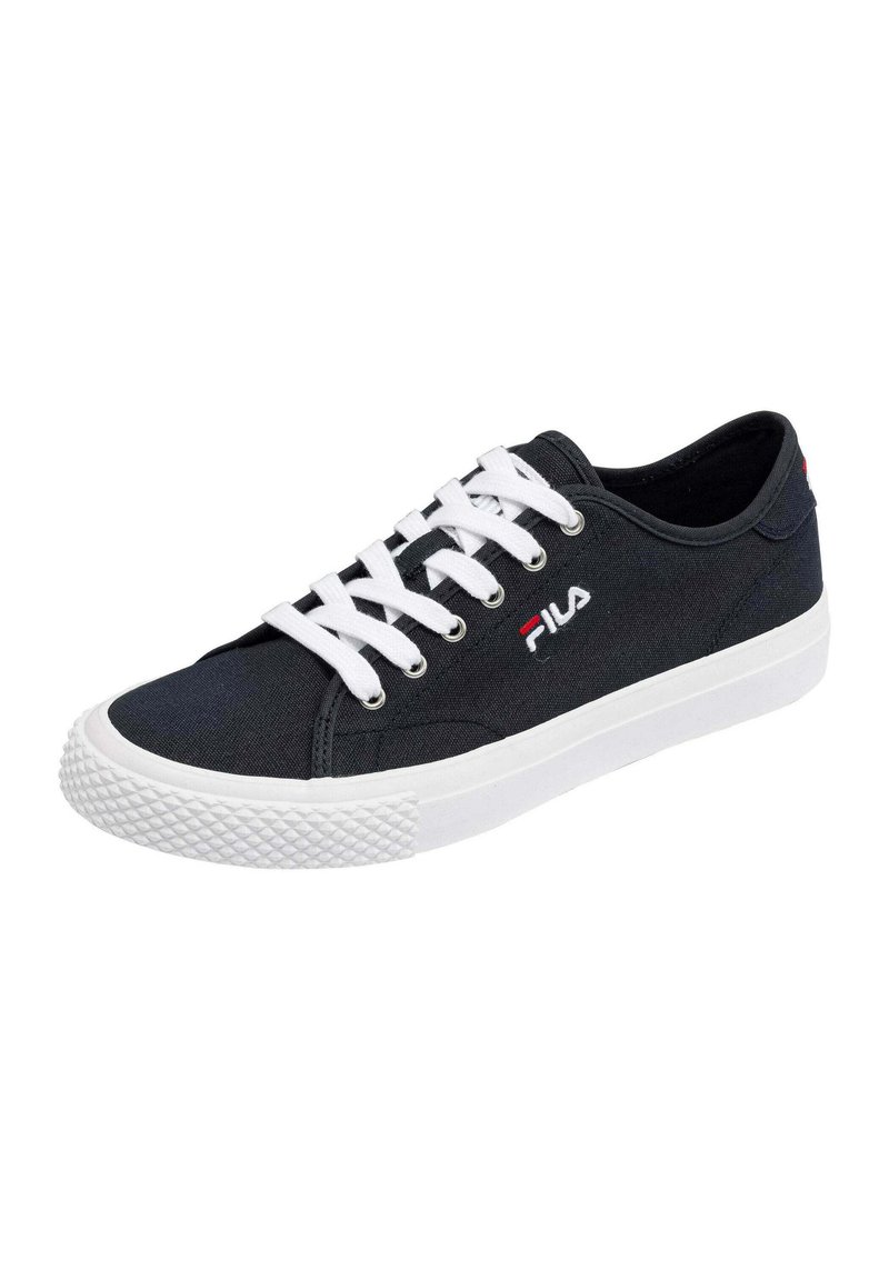 Zapatilla de lona azul oscuro con cordones blancos, suela de goma y puntera texturizada. Presenta un pequeño acento rojo y un logo en el lateral.