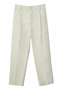 Světlé béžové kalhoty rovného střihu s poutky na opasek, předním knoflíkem, zipovým uzávěrem a s nažehleným záhybem na středu každé nohy.
