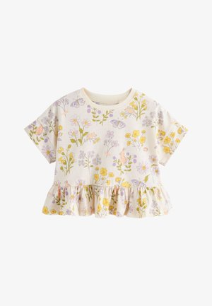 Kort crèmekleurig peutershirt met gerimpelde zoom, versierd met gele en paarse bloemen, vlinders en kleine dierenillustraties.